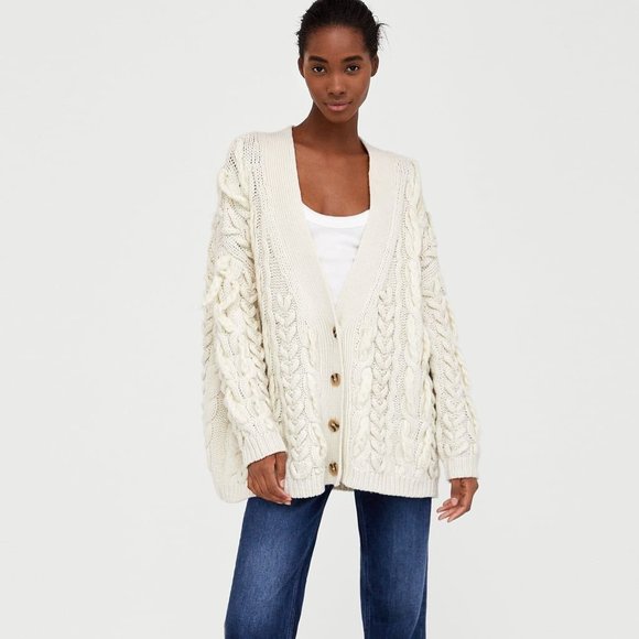Zara Sweaters - Zara Cable Knit Chunky Cream Top Cardigan Sweater